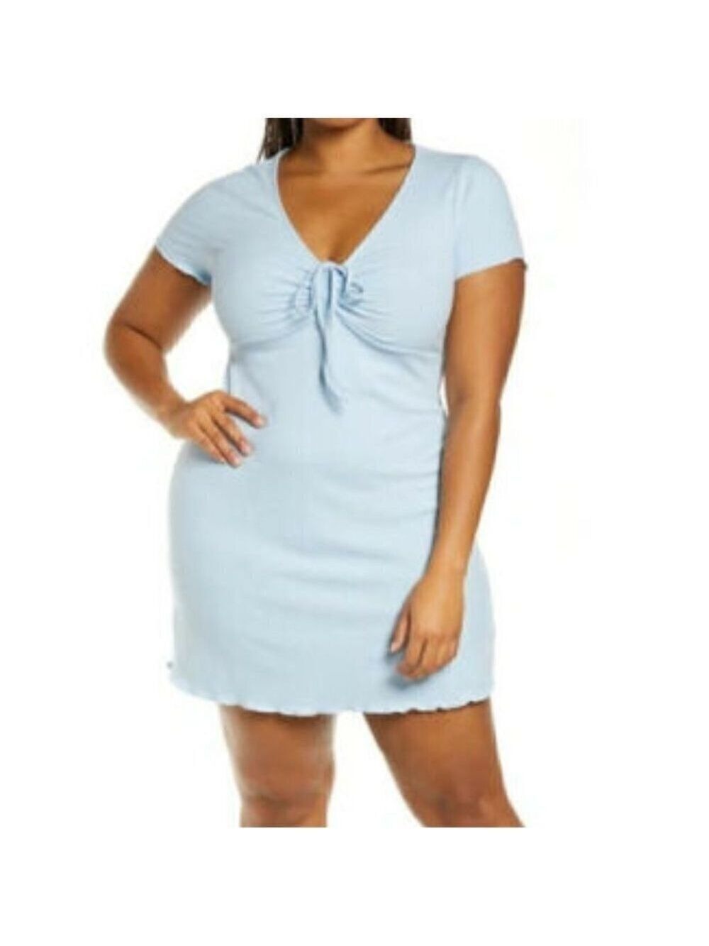 BP Women Blue Ribbed Tie Front Dress BNWOT Lettuce Edge Short Sleeve